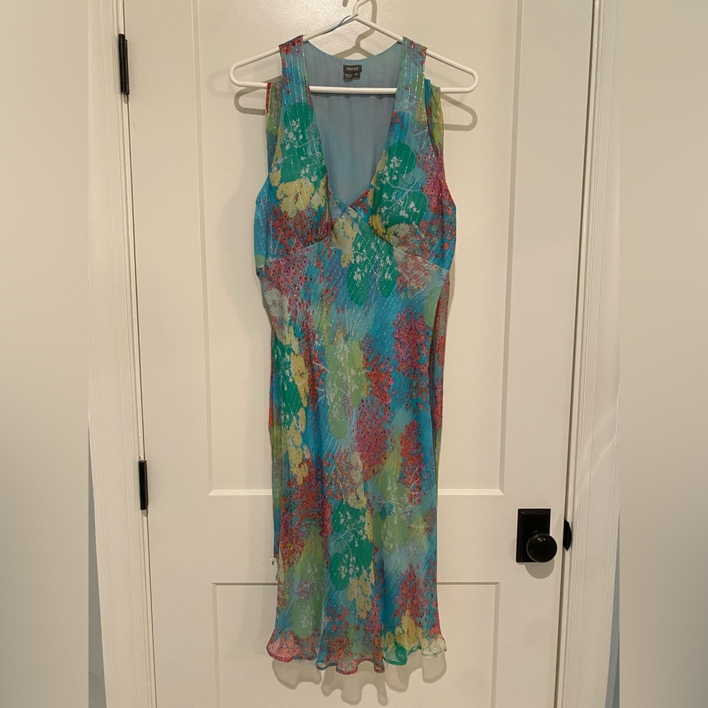 Muse Multicolor Floral Silk Midi Dress w/ matching scarf, size 12